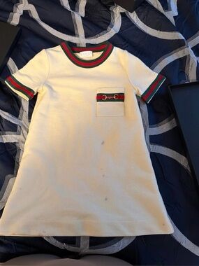 Girls Gucci Cream Mini Dress with Green and Red Web Trim Size 5